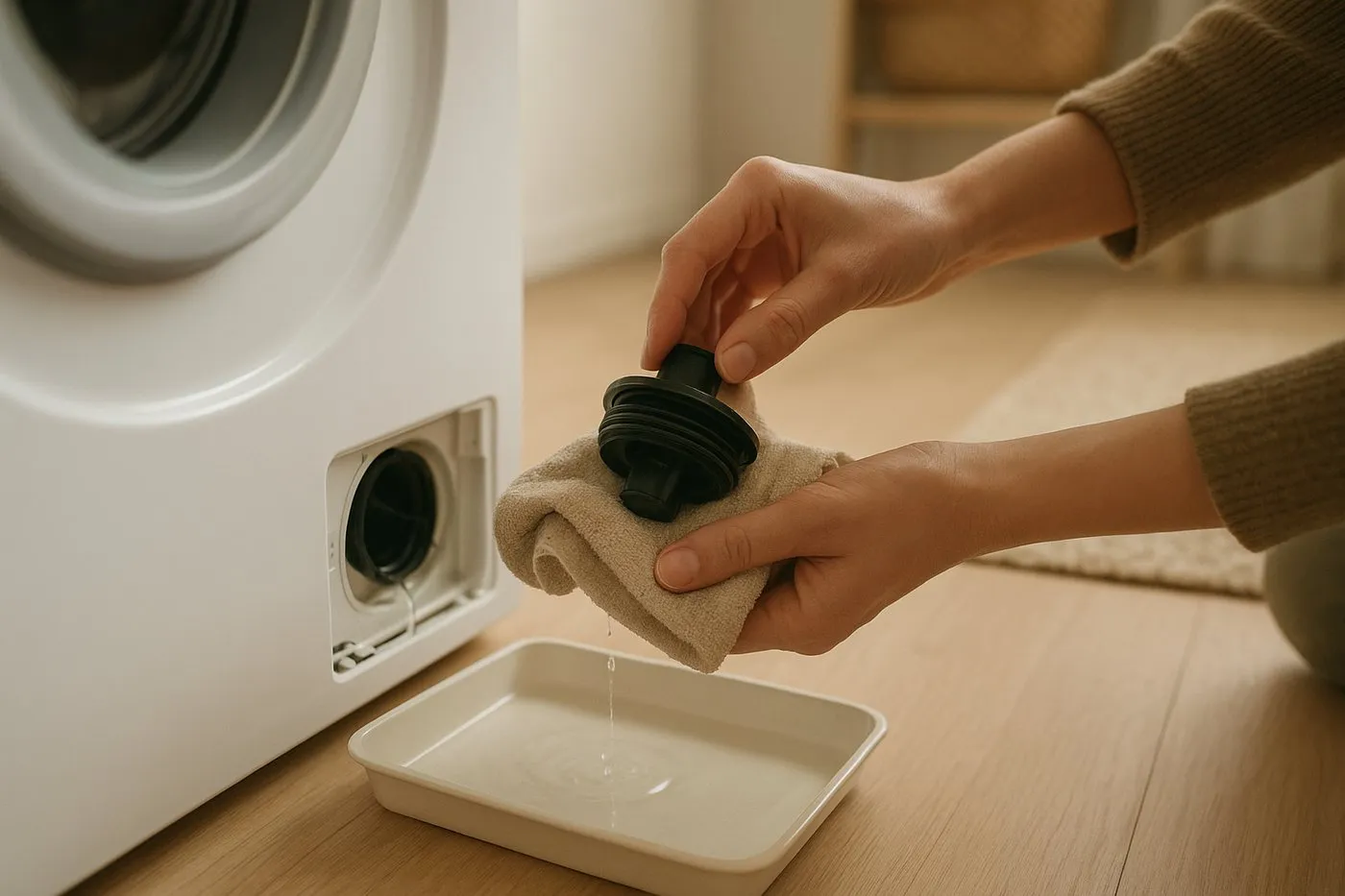 Någon skruvar ur tvättmaskinens pumpfilter med en handduk och liten skål under för att fånga vatten.