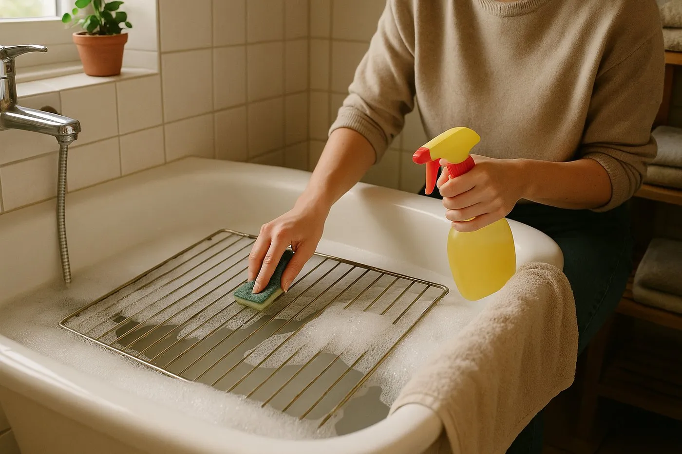 Ugnsgaller som blötläggs i badkaret ovanpå en handduk med varmt såpvatten.