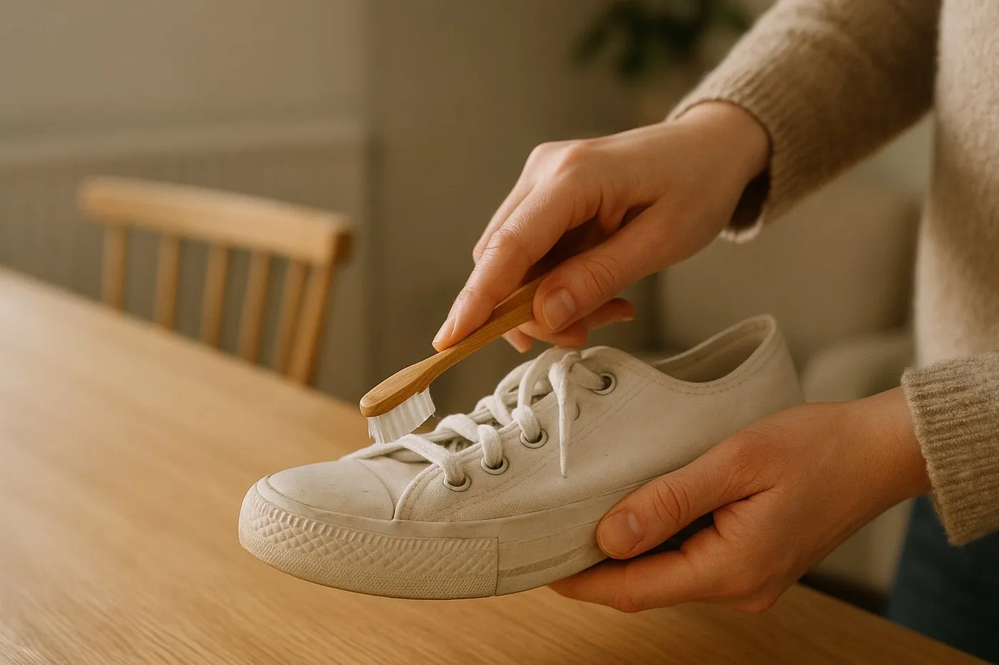 Närbild av vit gummisula som skrubbas ren med en tandborste