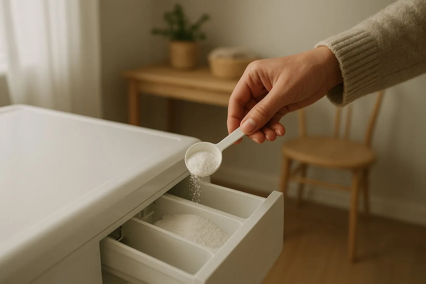 En matsked doserar en liten mängd tvättmedel i tvättmedelsfacket.