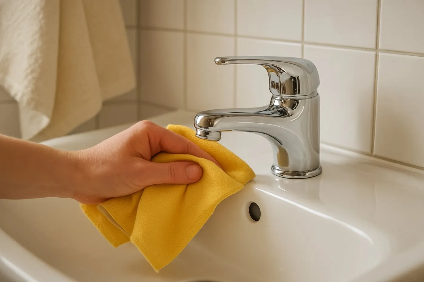 Hand som torkar ett handfat och kran med mikrofiberduk under snabbstädning.