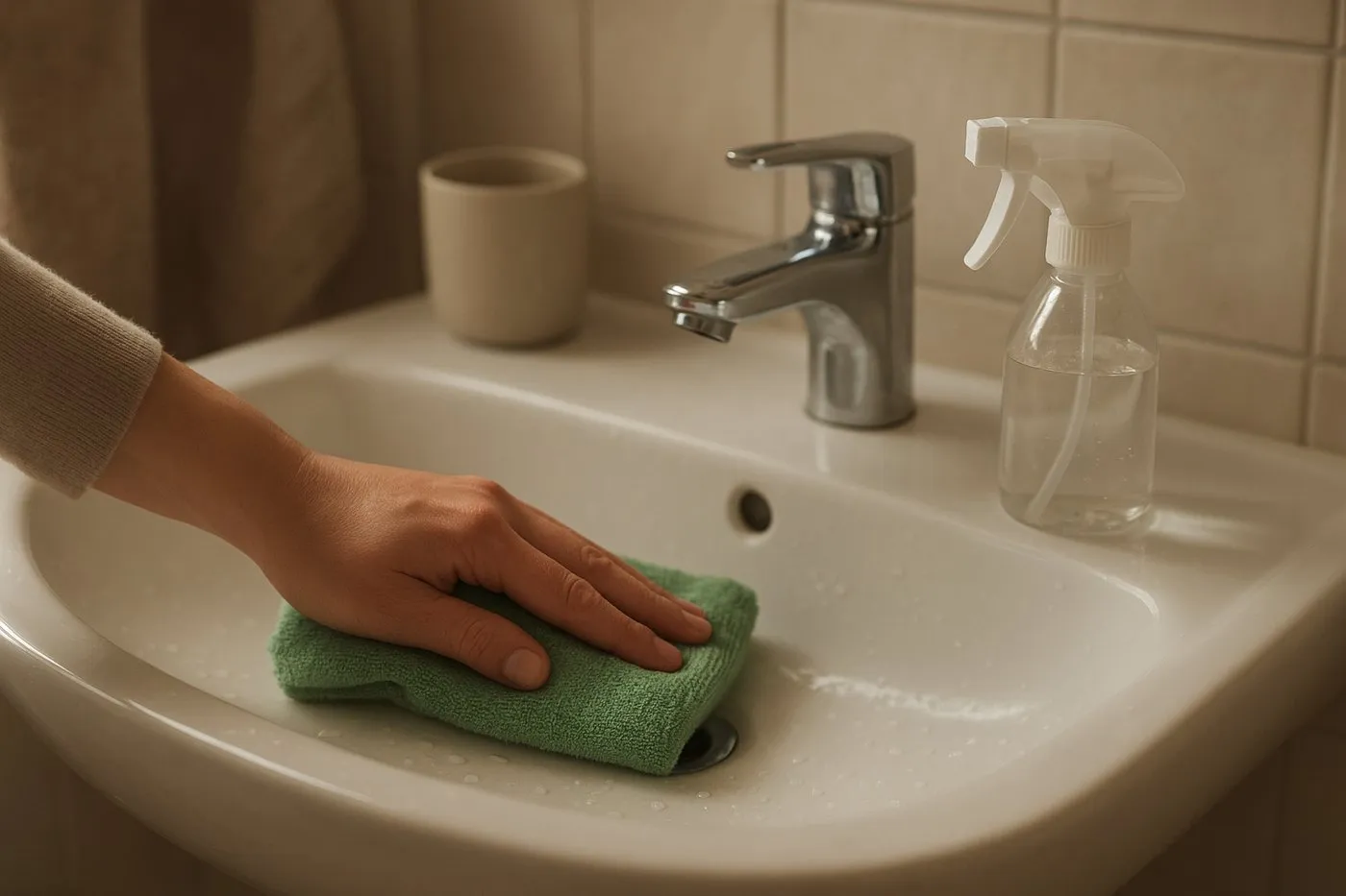 En hand sprayar och torkar av ett blankt badrumshandfat med en grön mikrofiberduk.
