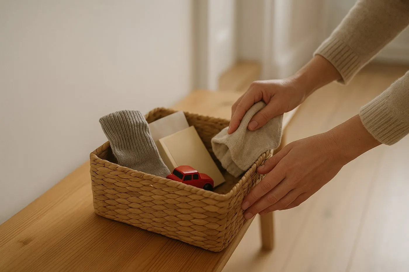 En liten korg i hallen fylld med blandade saker för femminutersplocket.