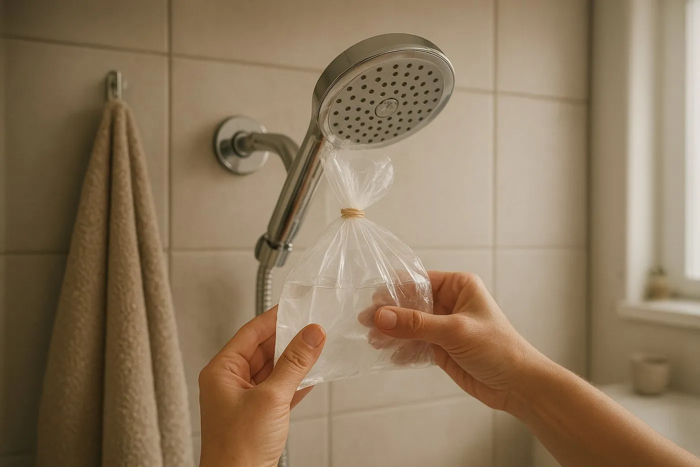 Duschmunstycke som avkalkas i en plastpåse med ättikslösning runt kranen