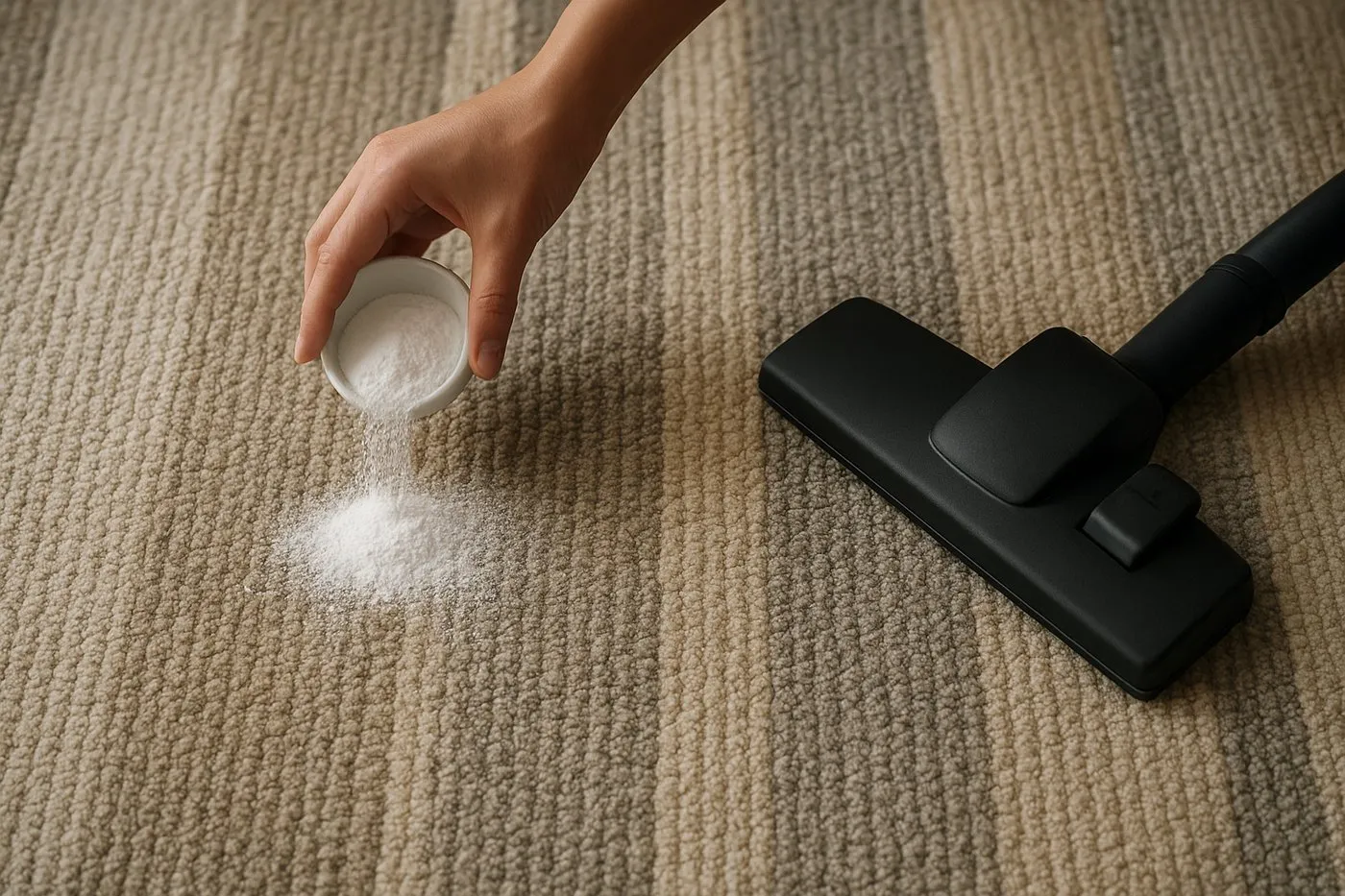 Bikarbonat strös över en matta före dammsugning för att ta bort lukt.