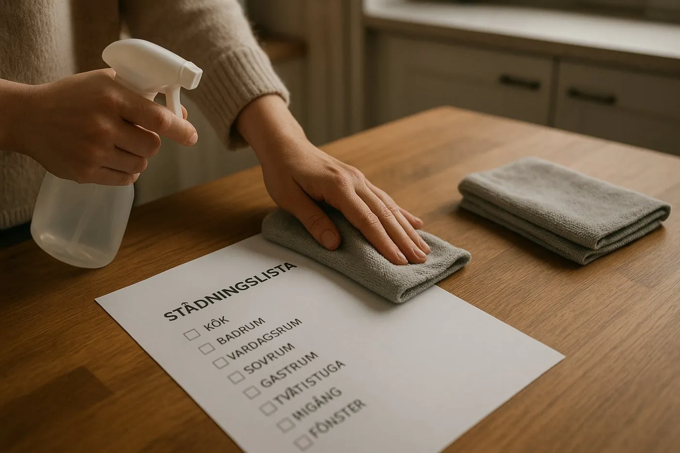 Utskriven checklista på köksbänken bredvid sprayflaska och mikrofiberduk.