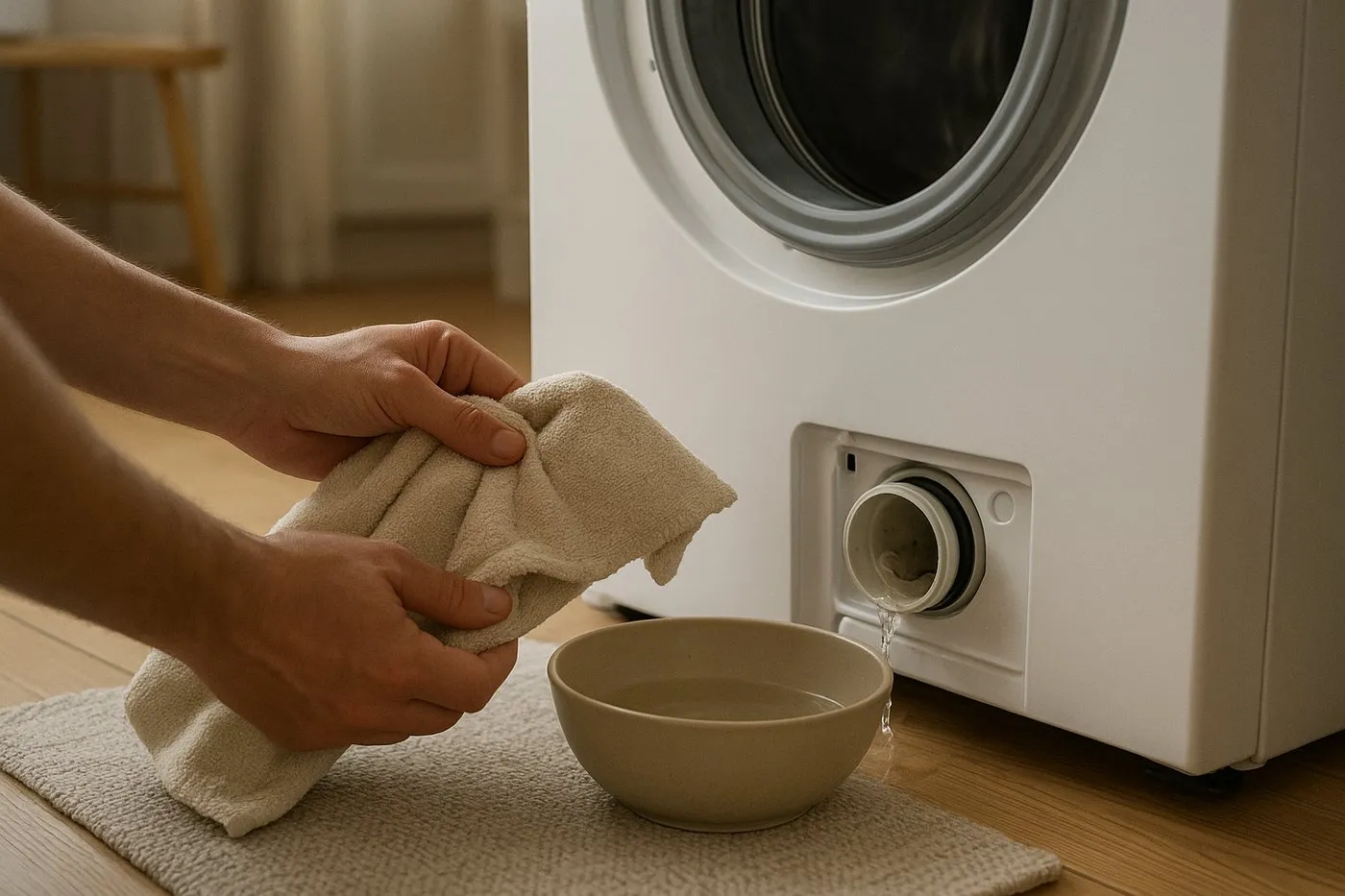 Hand som skruvar ut tvättmaskinens avloppsfilter med handduk och skål redo för vatten.