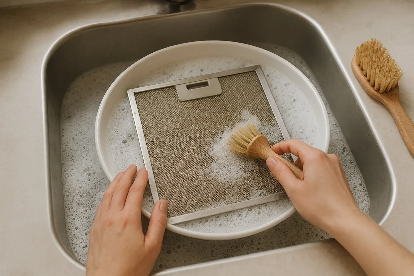 Fläktfilter som ligger och blötläggs i hett diskmedelsvatten i diskhon