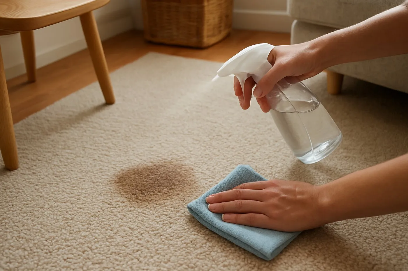 Sprayflaska med mild lösning som sprutas på en liten fläck i en matta, med en ren microfibertrasa redo att badda.