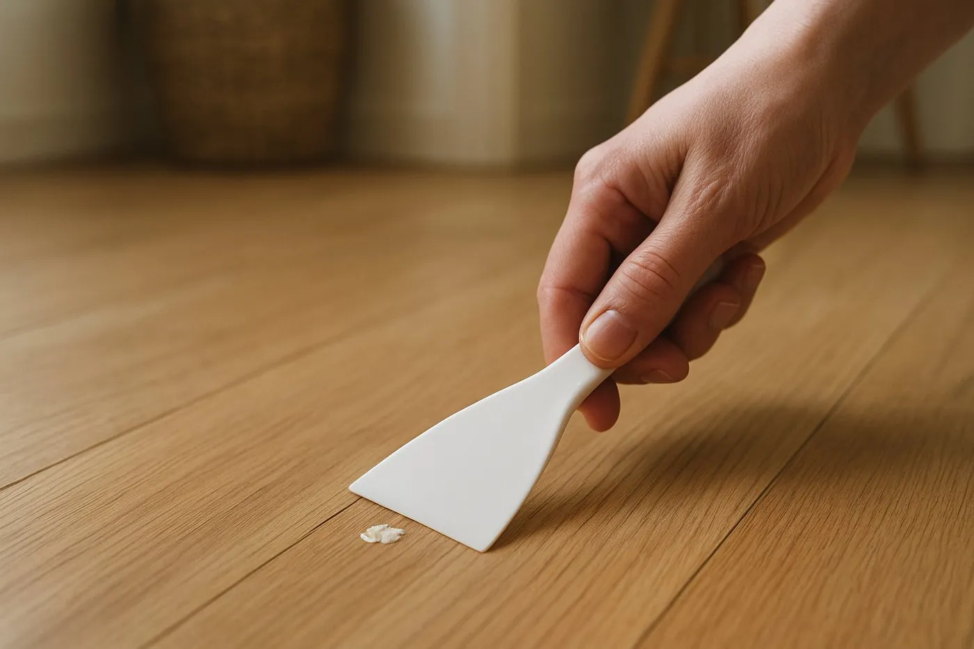 Plastskrapa som lyfter torkad färg från ett trägolv utan att repa ytan