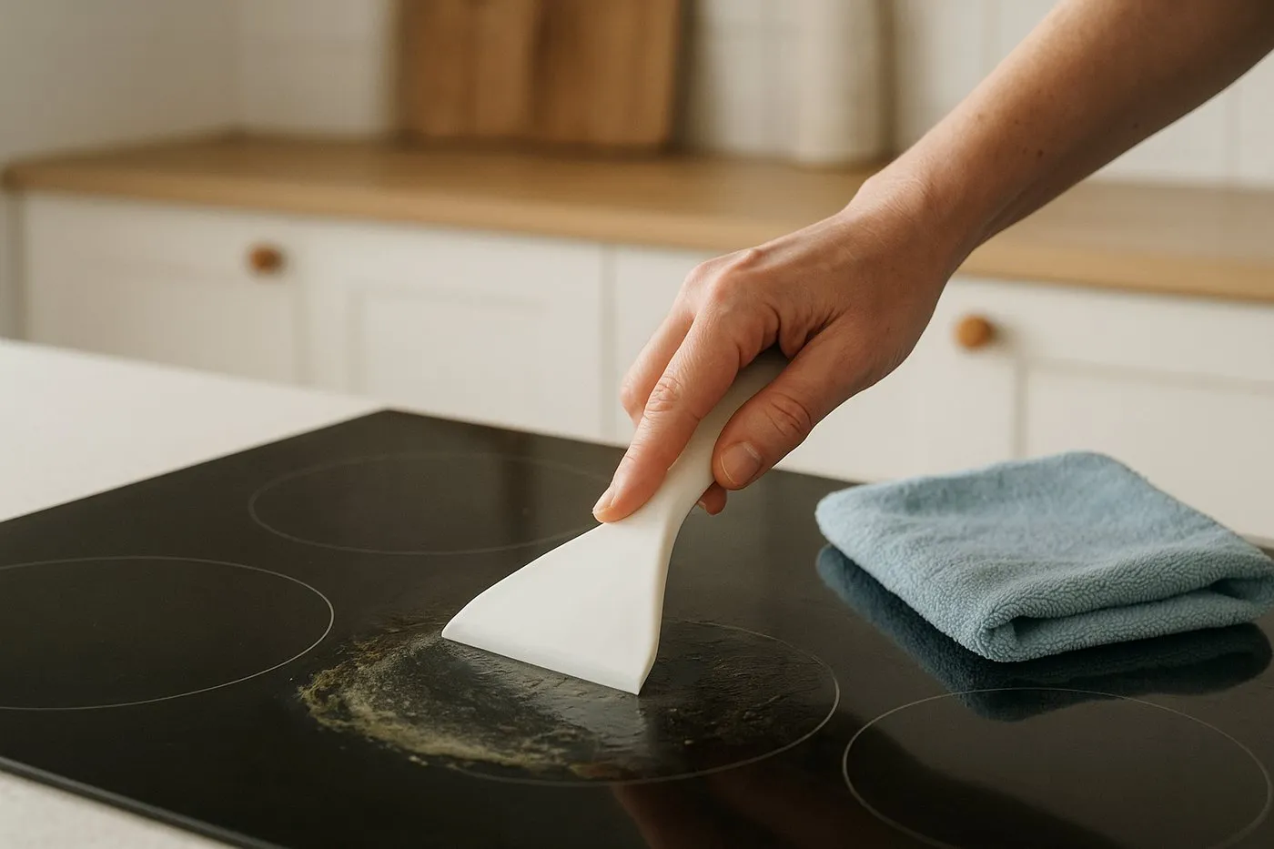 Plastskrapa lyfter upp mjukad smuts från en glasig häll, mikrofiberduk bredvid