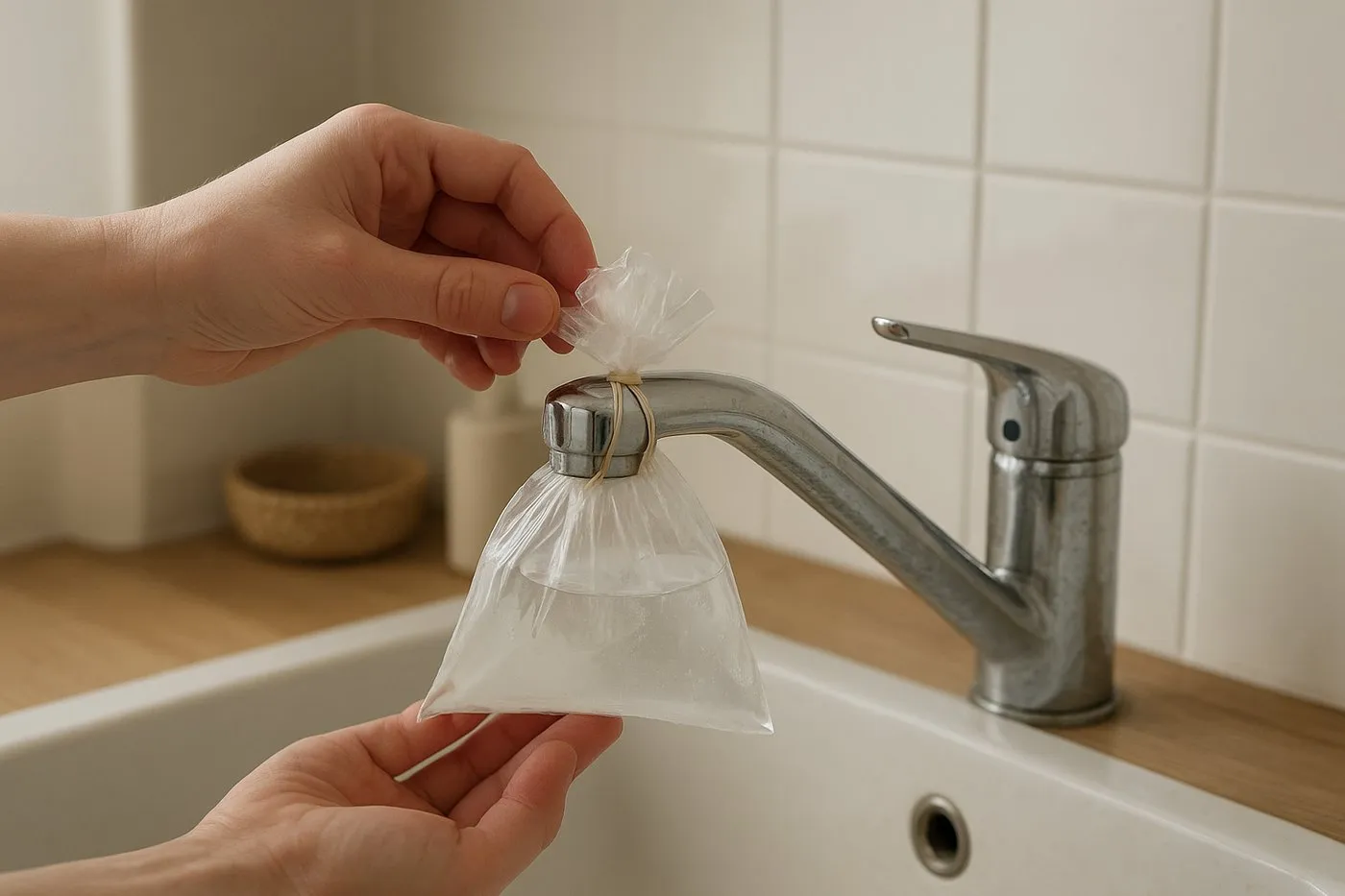 Plastpåse med utspädd ättika fastsatt med gummisnodd runt kranens pip för att lösa kalk