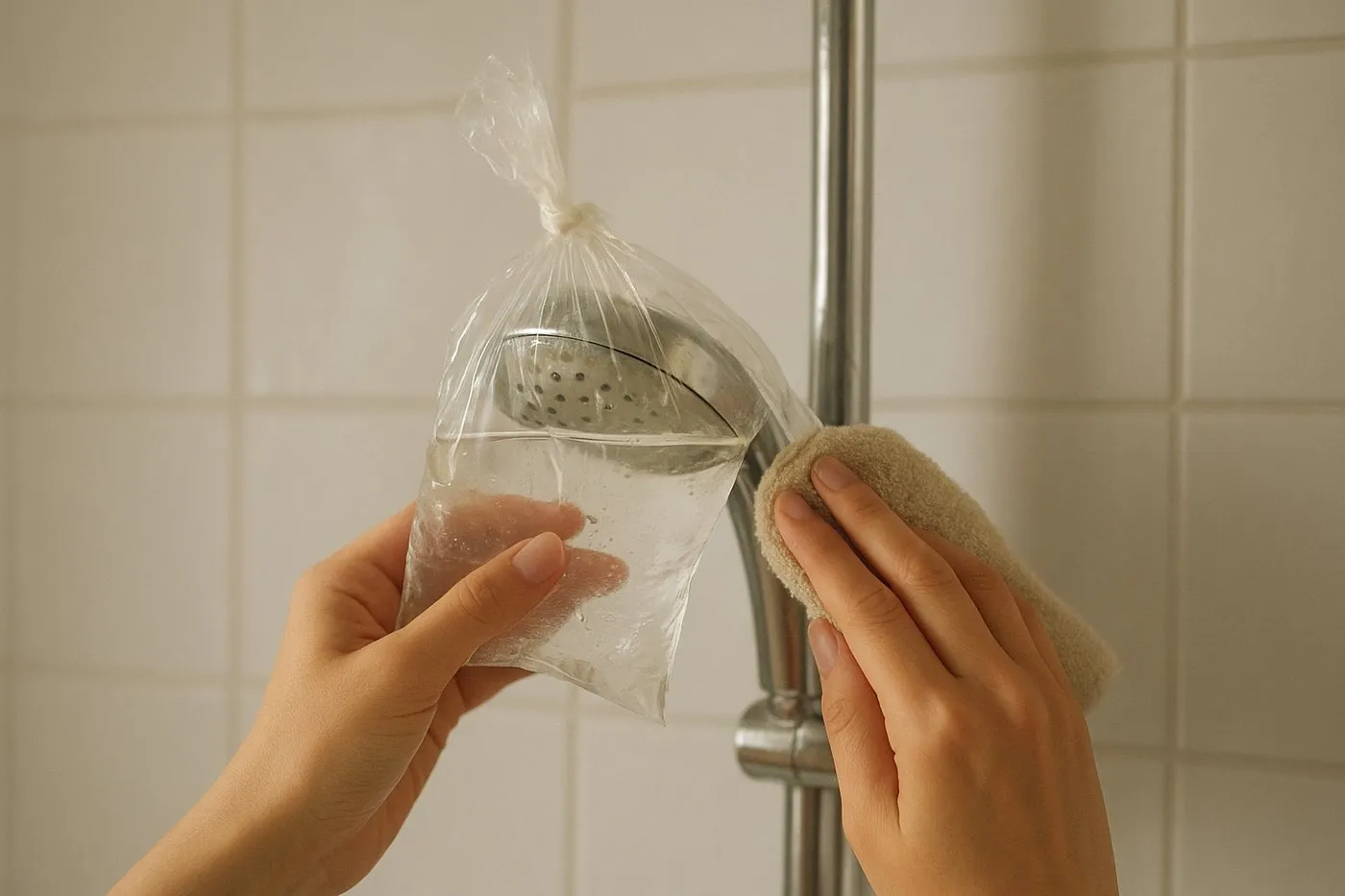 Plastpåse med ättikslösning runt ett kromat duschmunstycke, fastsatt med gummisnodd
