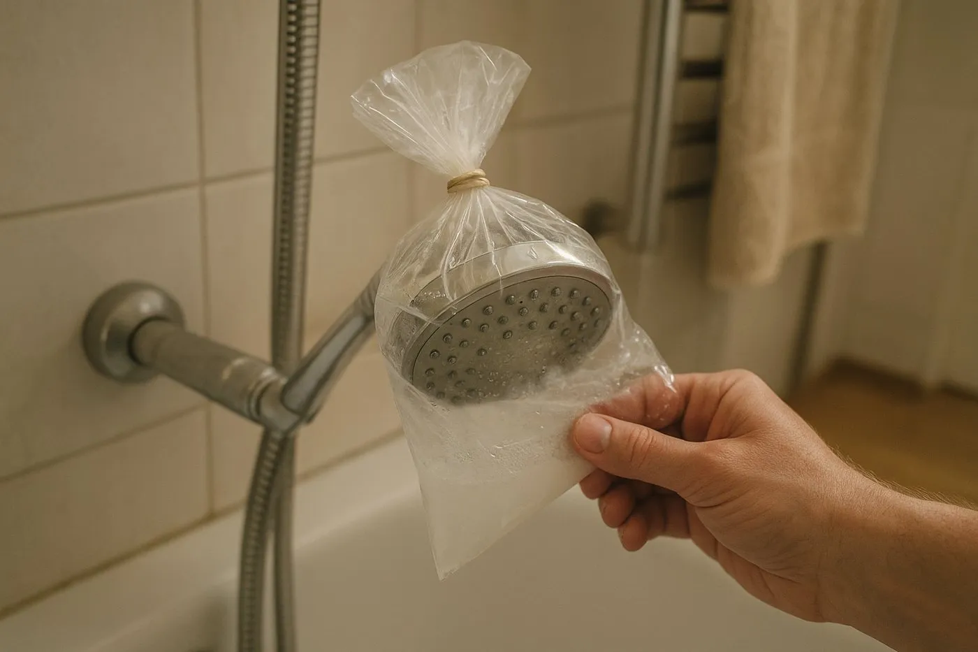 Duschmunstycke som avkalkas i en plastpåse med utspädd ättika, fastsatt med gummisnodd.