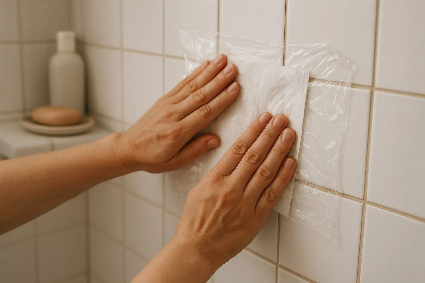 Hushållspapper indränkt i väteperoxid ligger tryckt mot en mörk foglinje på kakelvägg, delvis täckt med plast för att hålla fukt.