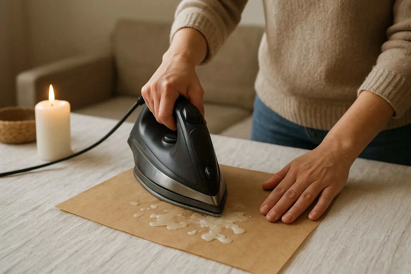 Strykjärn på låg värme över bakplåtspapper som suger upp stearin från en duk