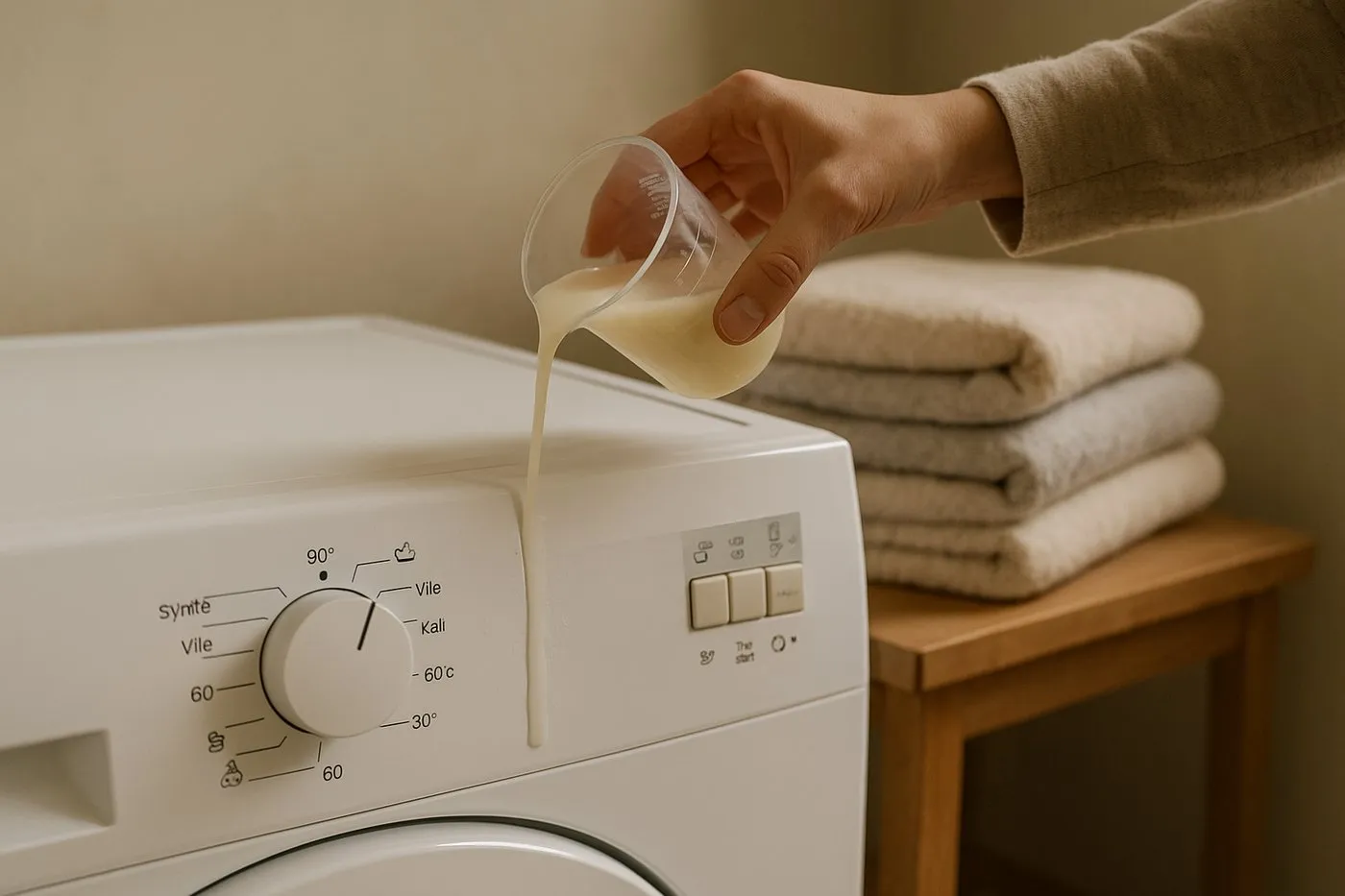Närbild av tvättmaskinens panel där 60 °C väljs, med en hand som doserar tvättmedel bredvid en hög handdukar.