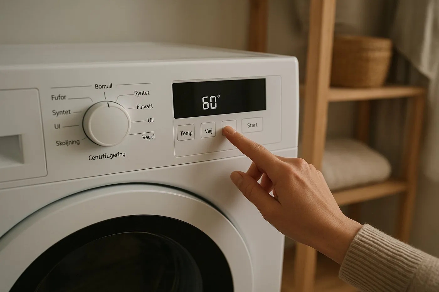 Närbild av en tvättmaskins display med bomullsprogram 60 °C vald och ett finger som trycker på start.