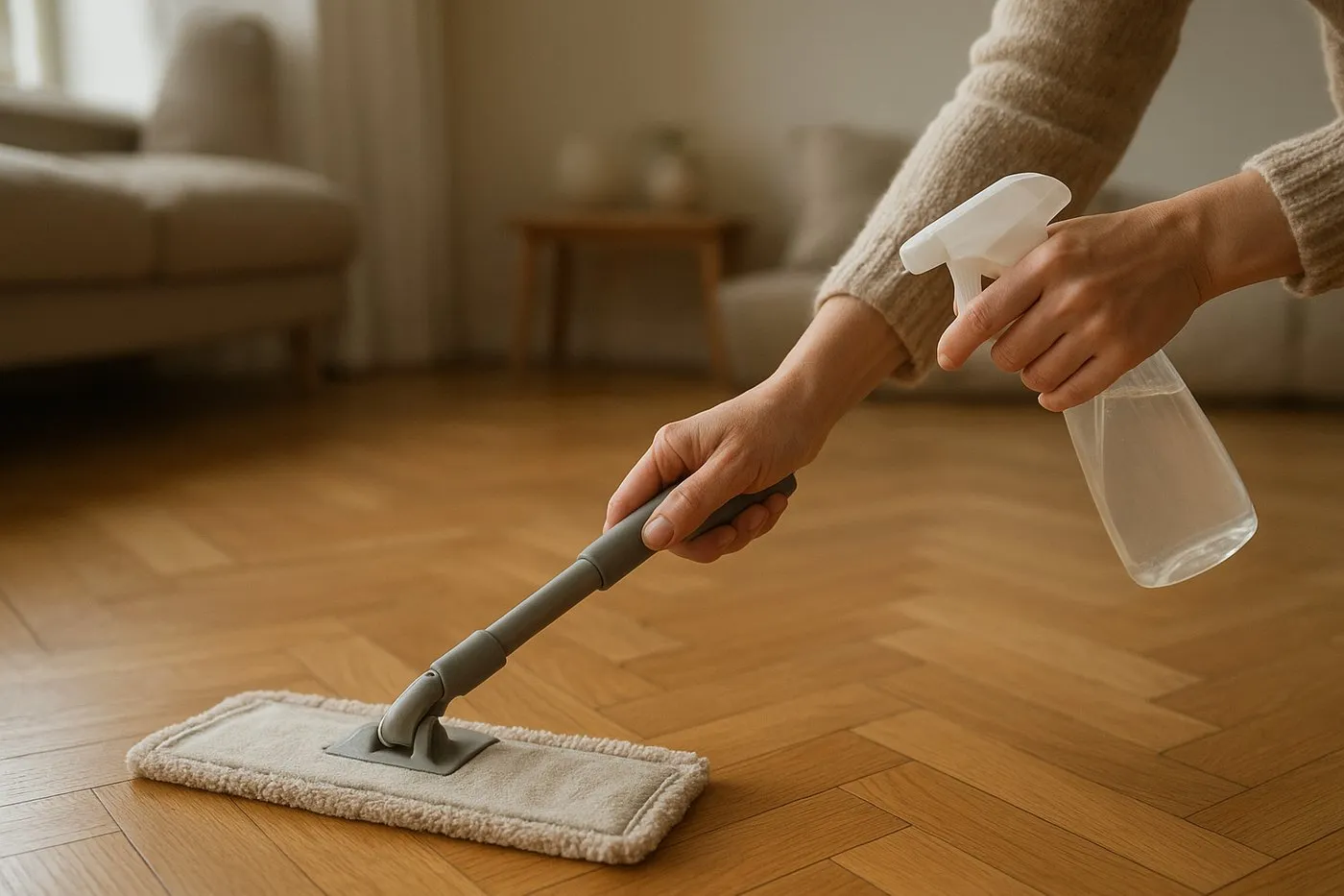 Närbild av en platt mikrofibermopp som fuktmoppar en parkett, med en hand som sprayar fin dimma.